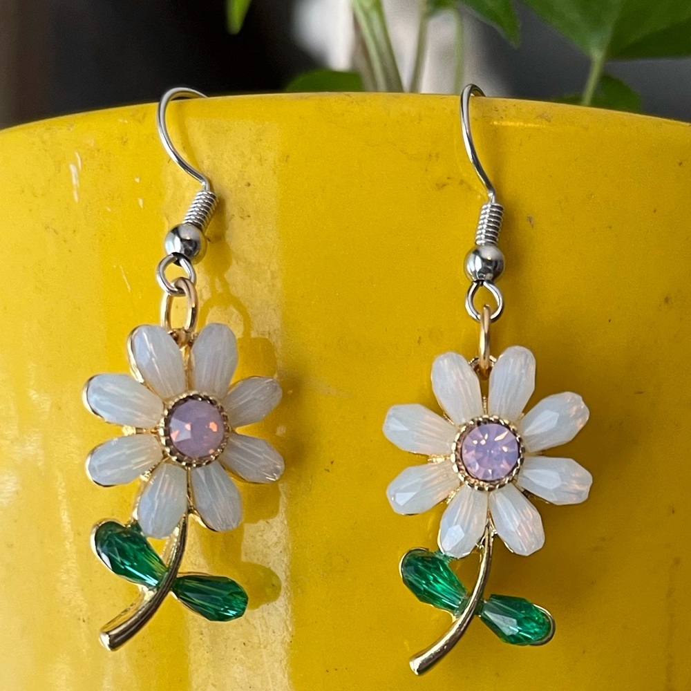 Floral Drop Earrings with Gold and Green Accents